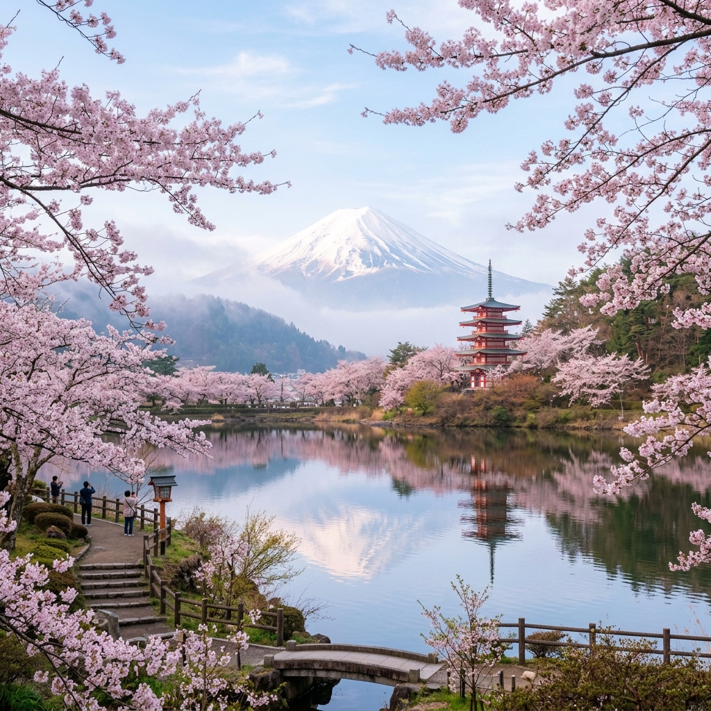 Japonia - Muntele Fuji cu flori de cireș