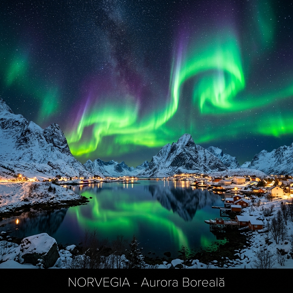 Norvegia - Aurora Boreală peste fiorzi