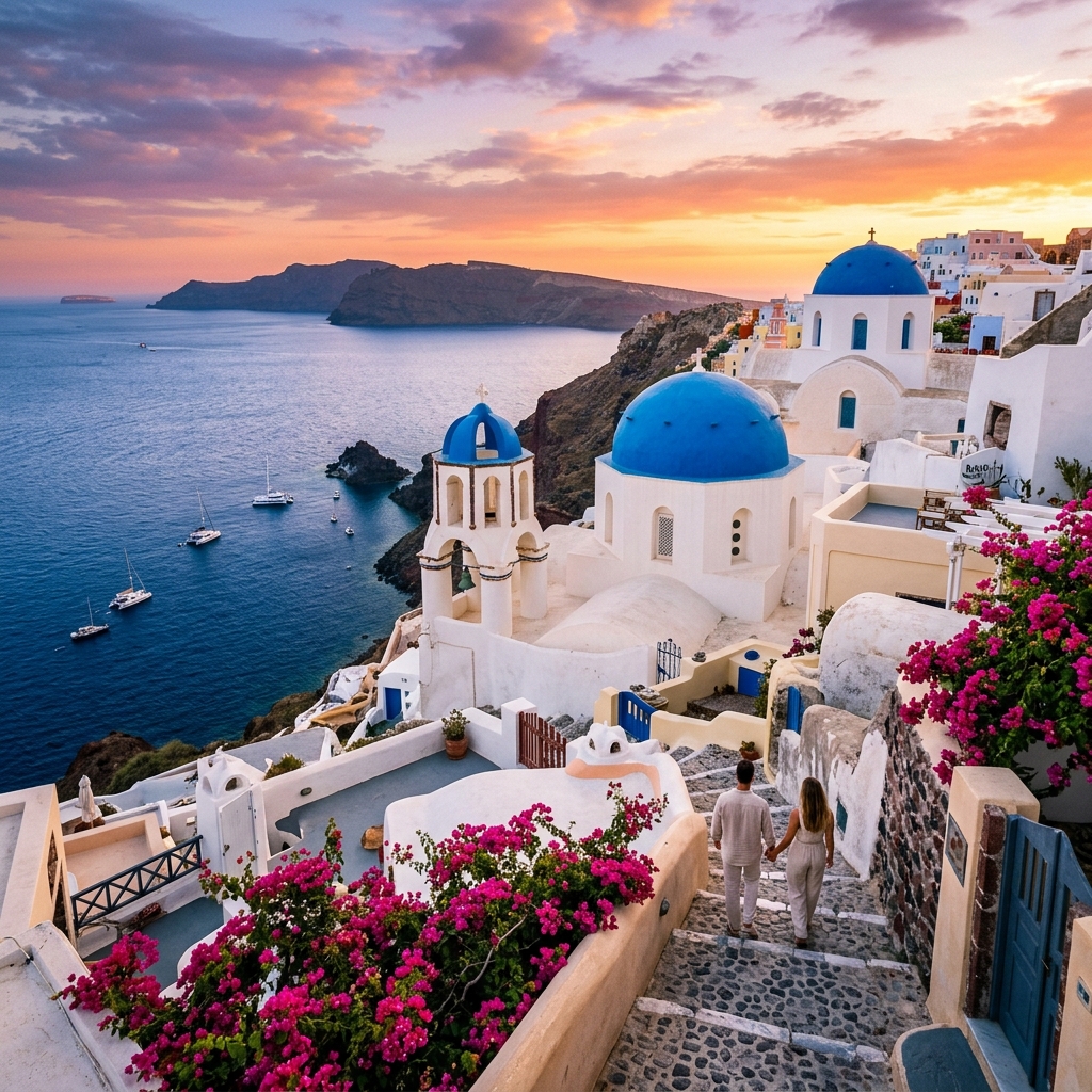 Santorini Grecia - apus romantic peste Marea Egee